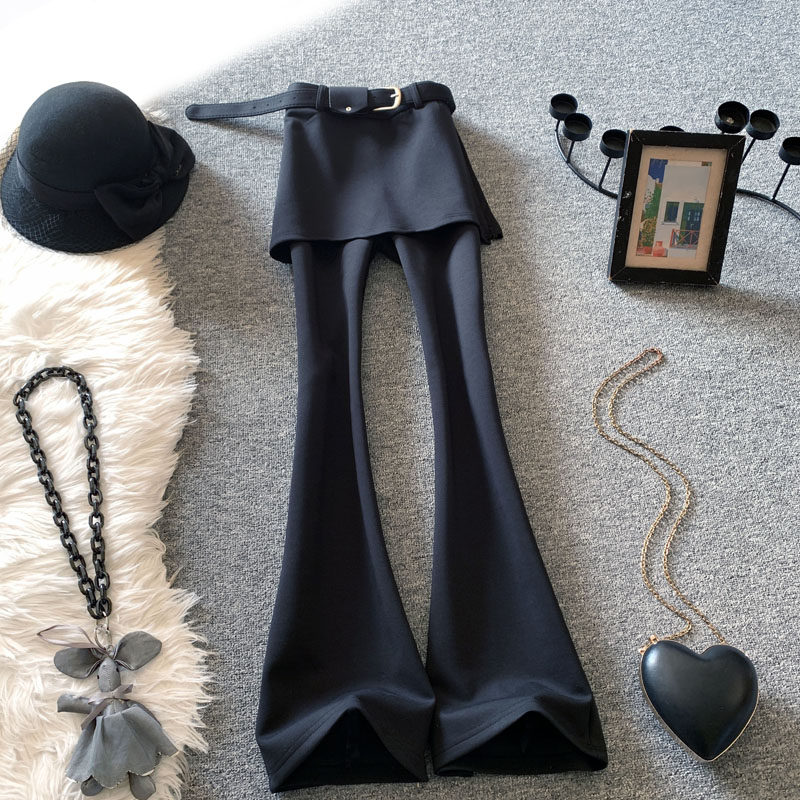 假两件黑色微喇裤女春季2026新款高腰遮臀显瘦垂感休闲喇叭长裤潮