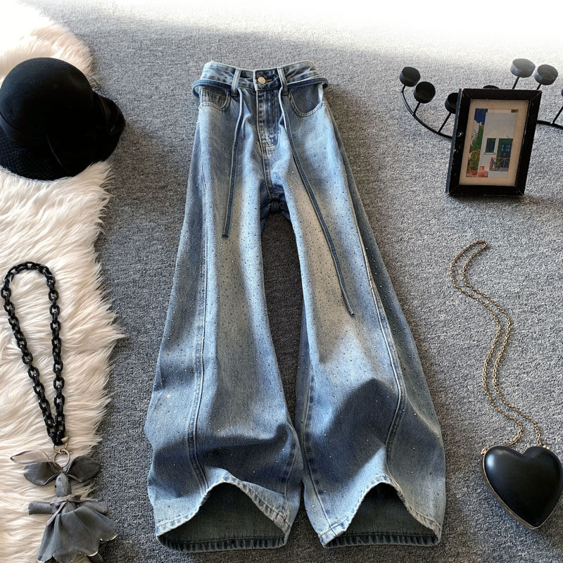 美式复古烫钻阔腿牛仔裤女春季2026爆闪浅蓝色宽松显瘦直筒弯刀裤