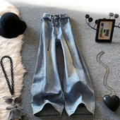 美式 2026爆闪浅蓝色宽松显瘦直筒弯刀裤 复古烫钻阔腿牛仔裤 女春季