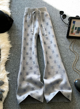 灰色阔腿针织裤女秋冬季2025新款宽松水貂绒印花垂感直筒休闲长裤