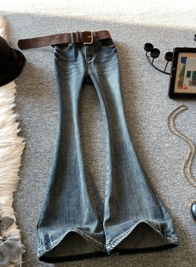 复古蓝色猫须微喇叭牛仔裤女冬季加绒高腰蜜桃臀显瘦修身马蹄长裤