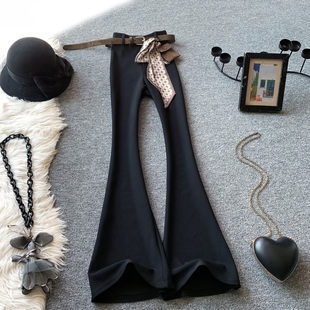 黑色微喇裤女秋季新款高腰带设计感显瘦修身长裤垂感喇叭西装裤子