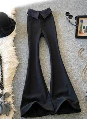 黑色微喇裤女秋冬季新款复古高腰翻边显瘦修身拖地长裤垂感喇叭裤