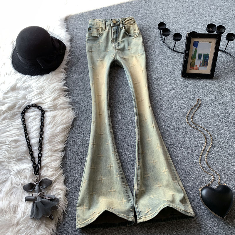 美式复古印花微喇牛仔裤秋季长裤