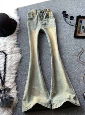 复古印花微喇牛仔裤女秋季新款美式高腰修身弹力显瘦高个子马蹄裤