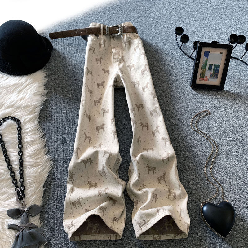 提花小马阔腿牛仔裤女春季2026新款复古高腰宽松显瘦垂感直筒裤子