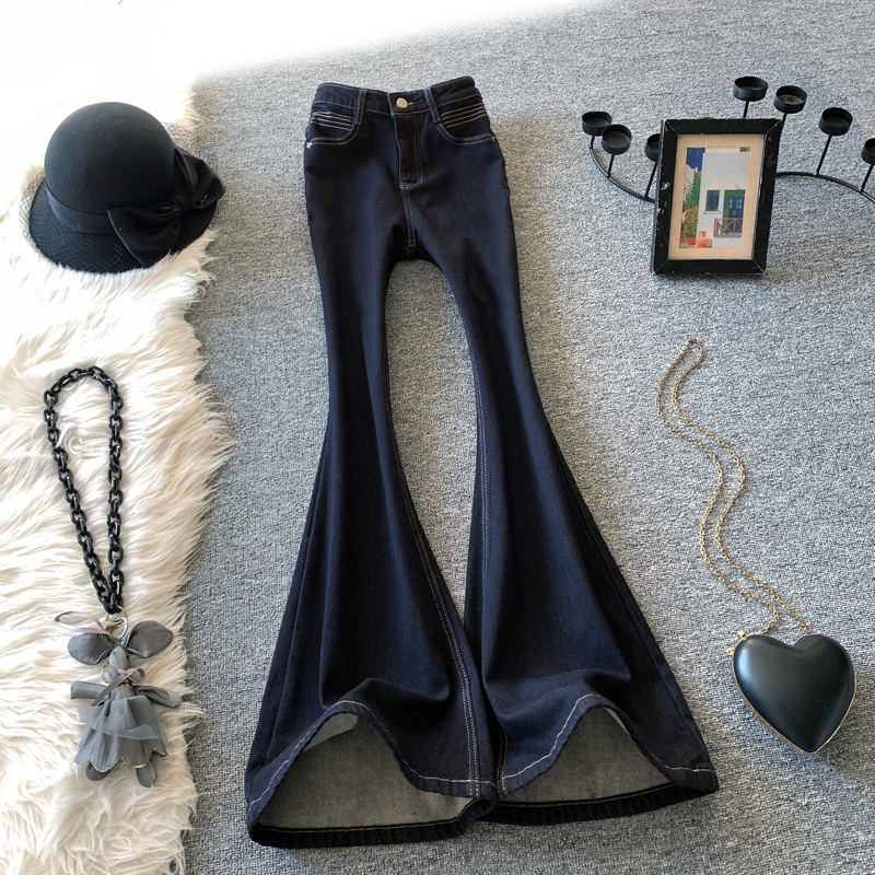 深蓝色微喇牛仔裤女秋冬新款时尚拖地长裤子马蹄修身显瘦大喇叭裤