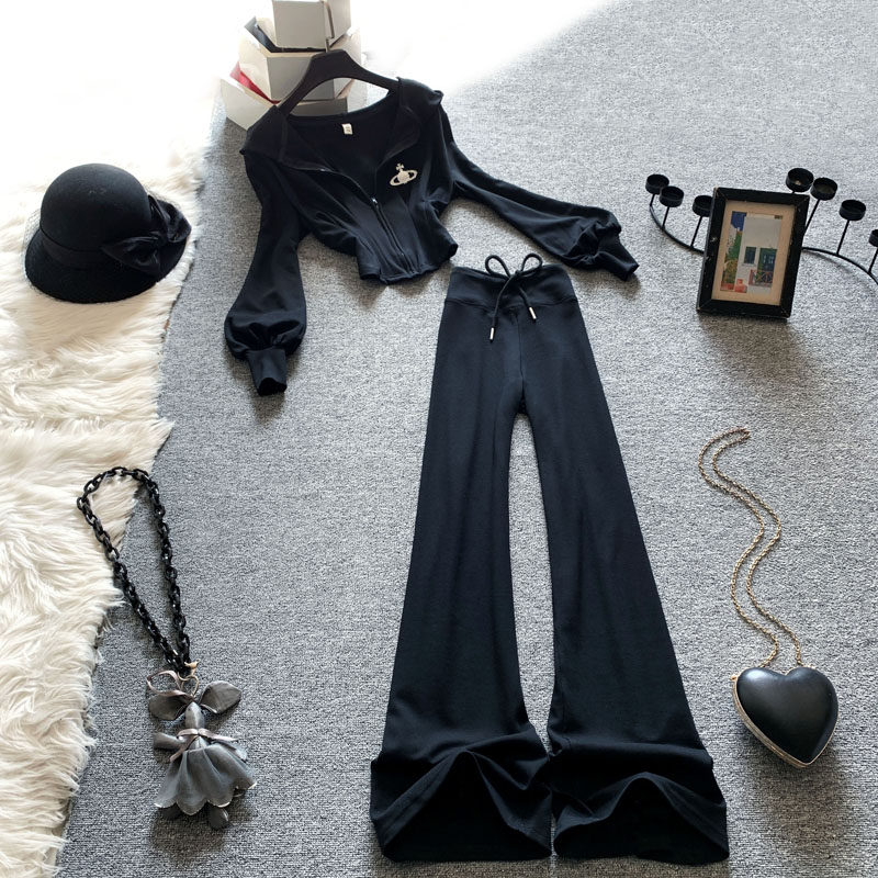 休闲运动时尚套装女春季新款黑色收腰连帽短款上衣阔腿裤两件套潮