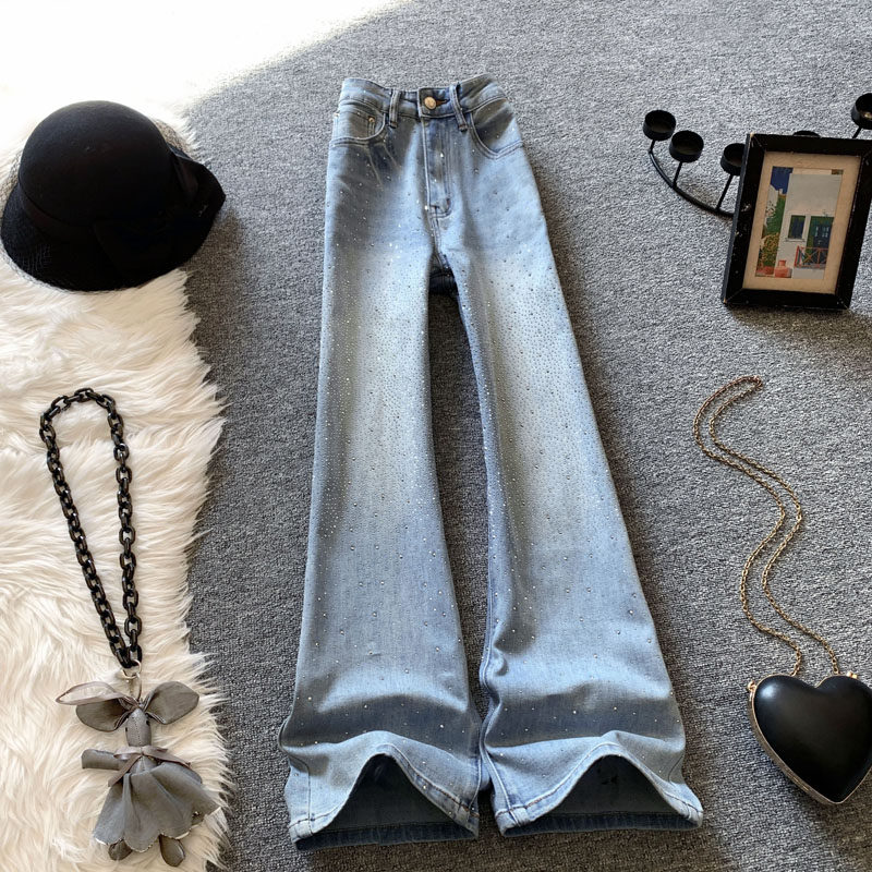 满天星亮钻直筒牛仔裤女春季2026新款高腰浅蓝色重工窄版阔腿裤子