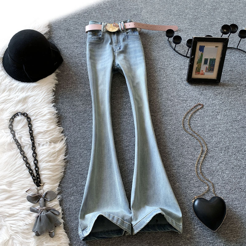 浅蓝色微喇牛仔裤女春季辣妹风高腰显瘦水洗喇叭长裤修身马蹄裤潮