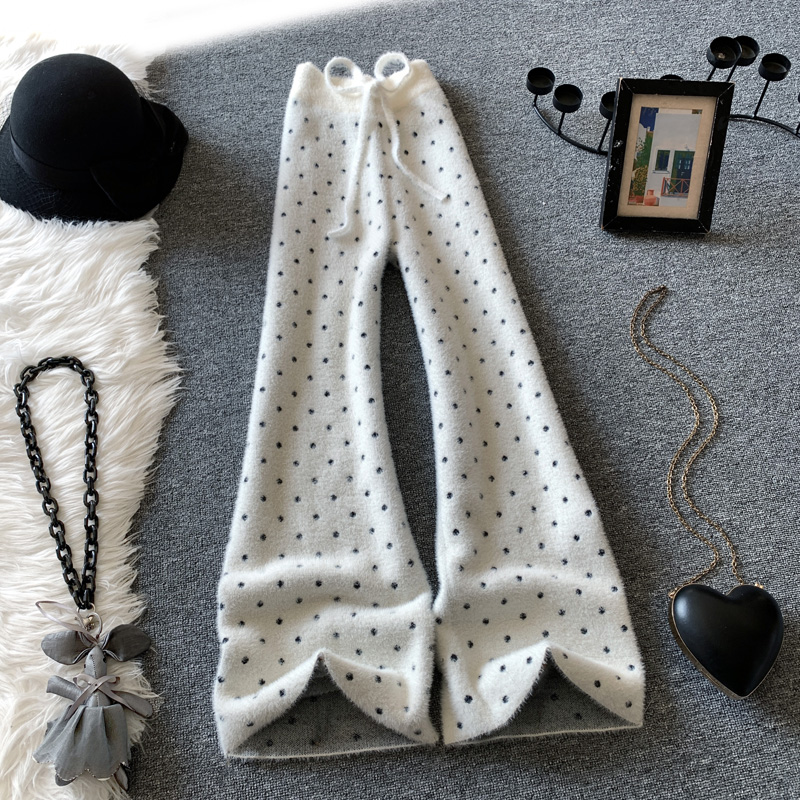 休闲长裤拖地垂感波点针织阔腿裤