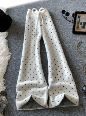 白色波点针织阔腿裤女秋冬季宽松拖地水貂绒显瘦垂感直筒休闲长裤