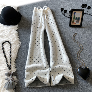 宽松拖地水貂绒显瘦垂感直筒休闲长裤 白色波点针织阔腿裤 女秋冬季