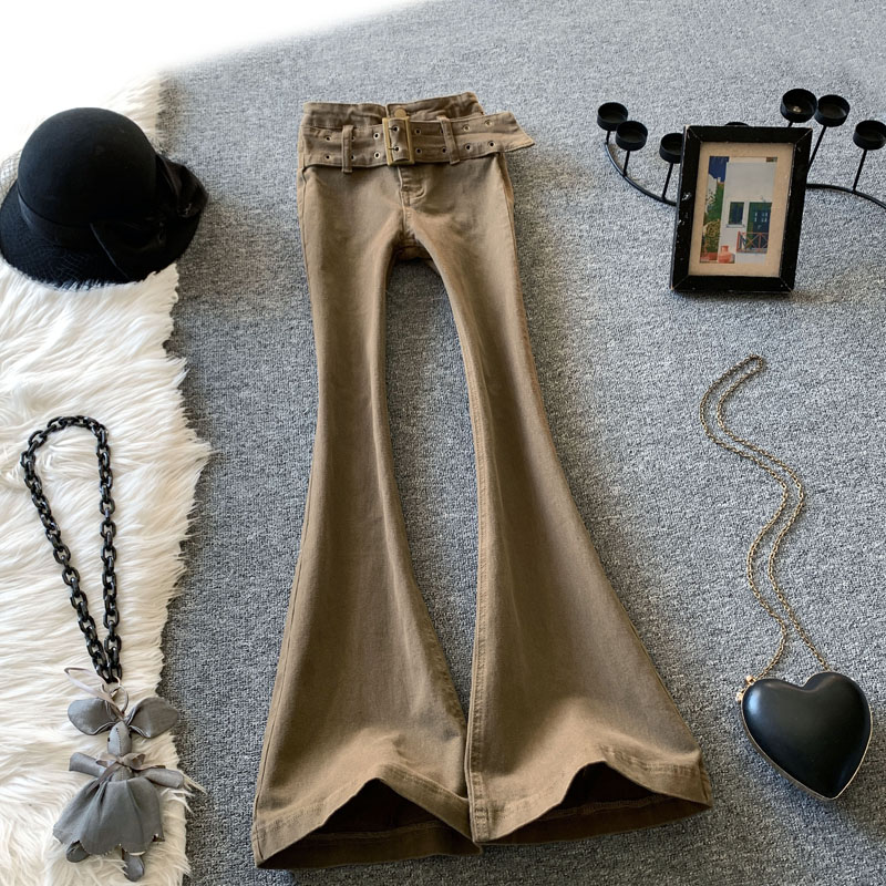 微喇叭牛仔裤女高腰显瘦咖啡色潮