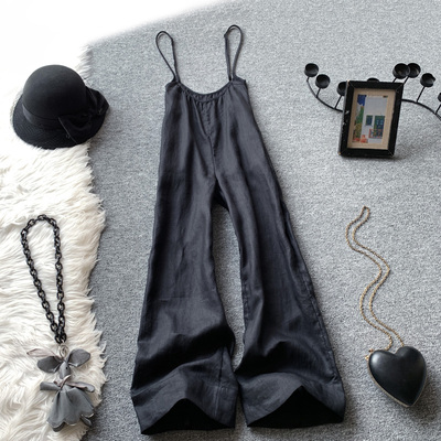 高腰棉麻背带裤女吊带阔腿连体裤