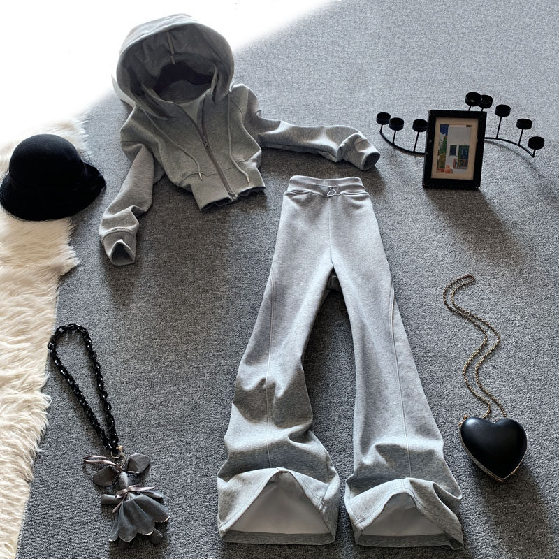休闲运动时尚套装女春季2026新款搭配连帽卫衣短款阔腿裤两件套潮