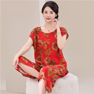 妈妈装 七分裤 大码 人造棉家居服套装 薄款 中老年睡衣女棉绸夏季 短袖