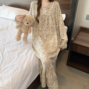 睡裙女棉绸春秋长袖圆领碎花长款连衣裙防凸点可外穿人造棉家居服