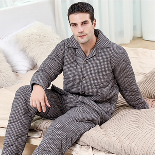 男士睡衣冬季全棉格子加厚三层夹棉套装中老年保暖纯棉大码家居服