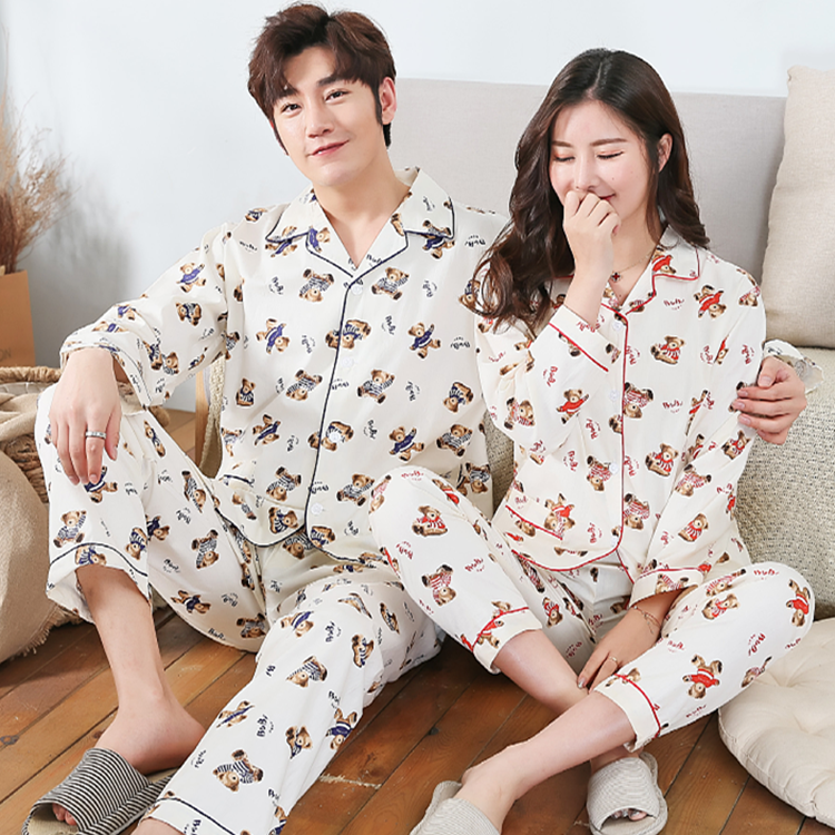 情侣睡衣春夏季纯棉布情侣长袖睡衣男女梭织全棉睡衣家居服