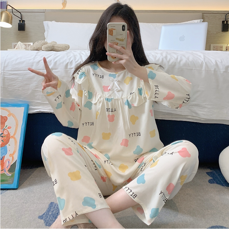女棉绸睡衣女长袖家居服透气吸汗