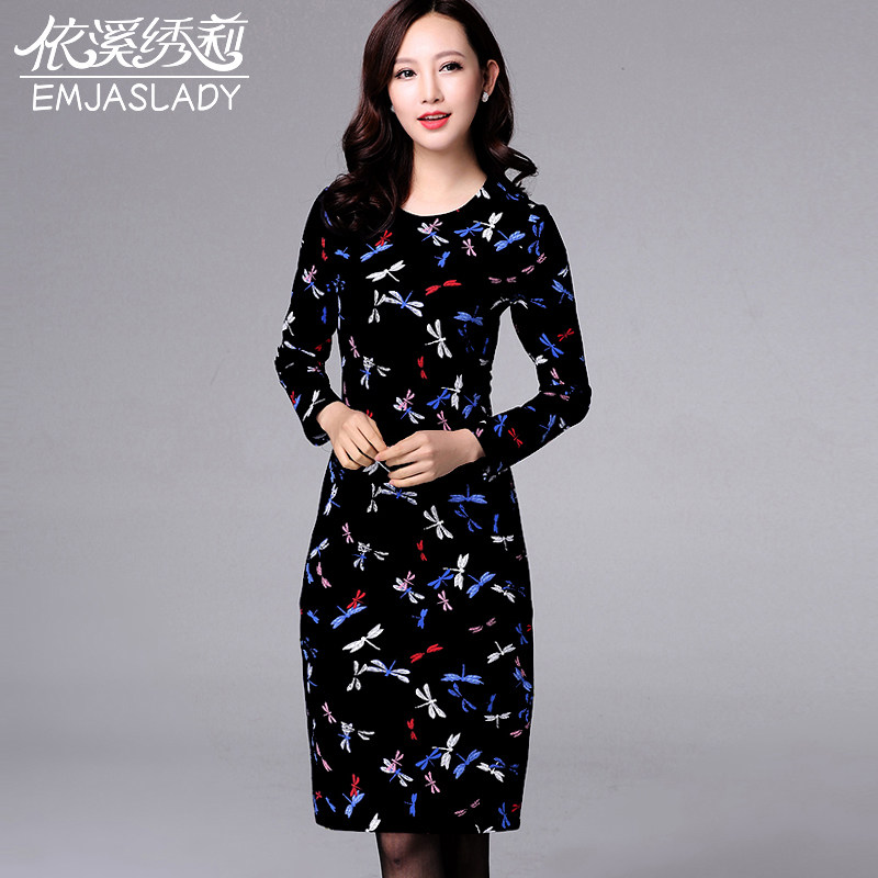 依溪绣莉2023秋冬装新款中年高贵妈妈女装淑女印花弹力修身连衣裙
