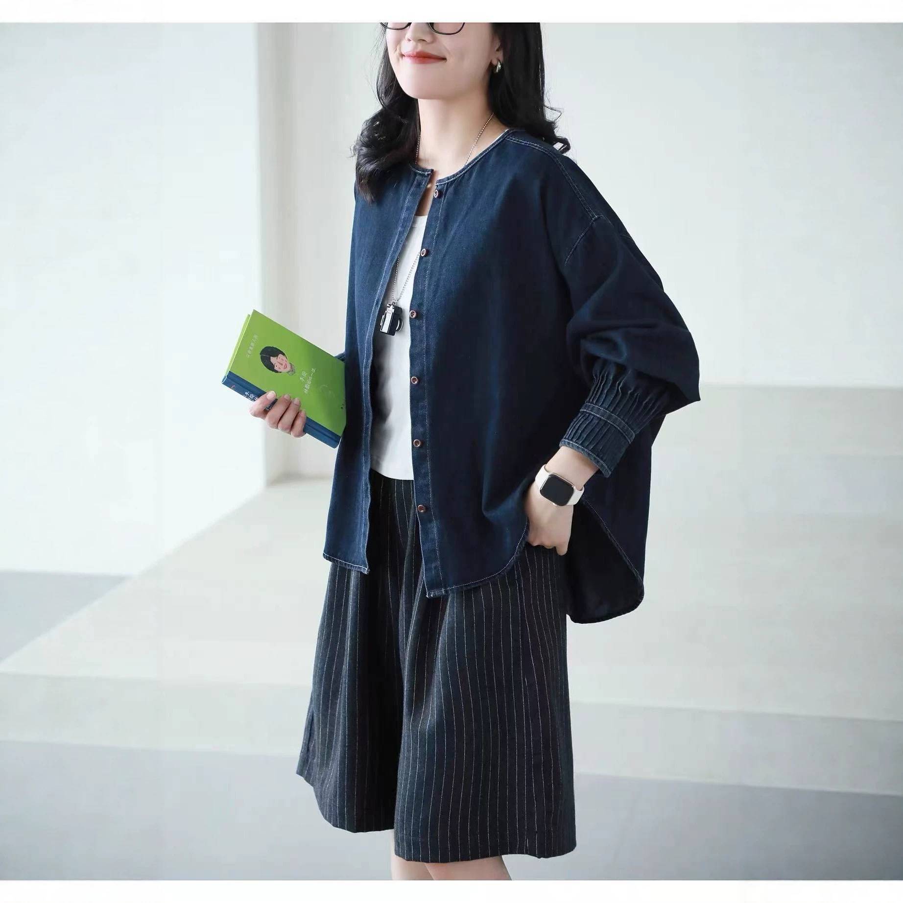 复古牛仔衬衫外套女2026简约韩系圆领休闲百搭宽松灯笼袖衬衣上衣