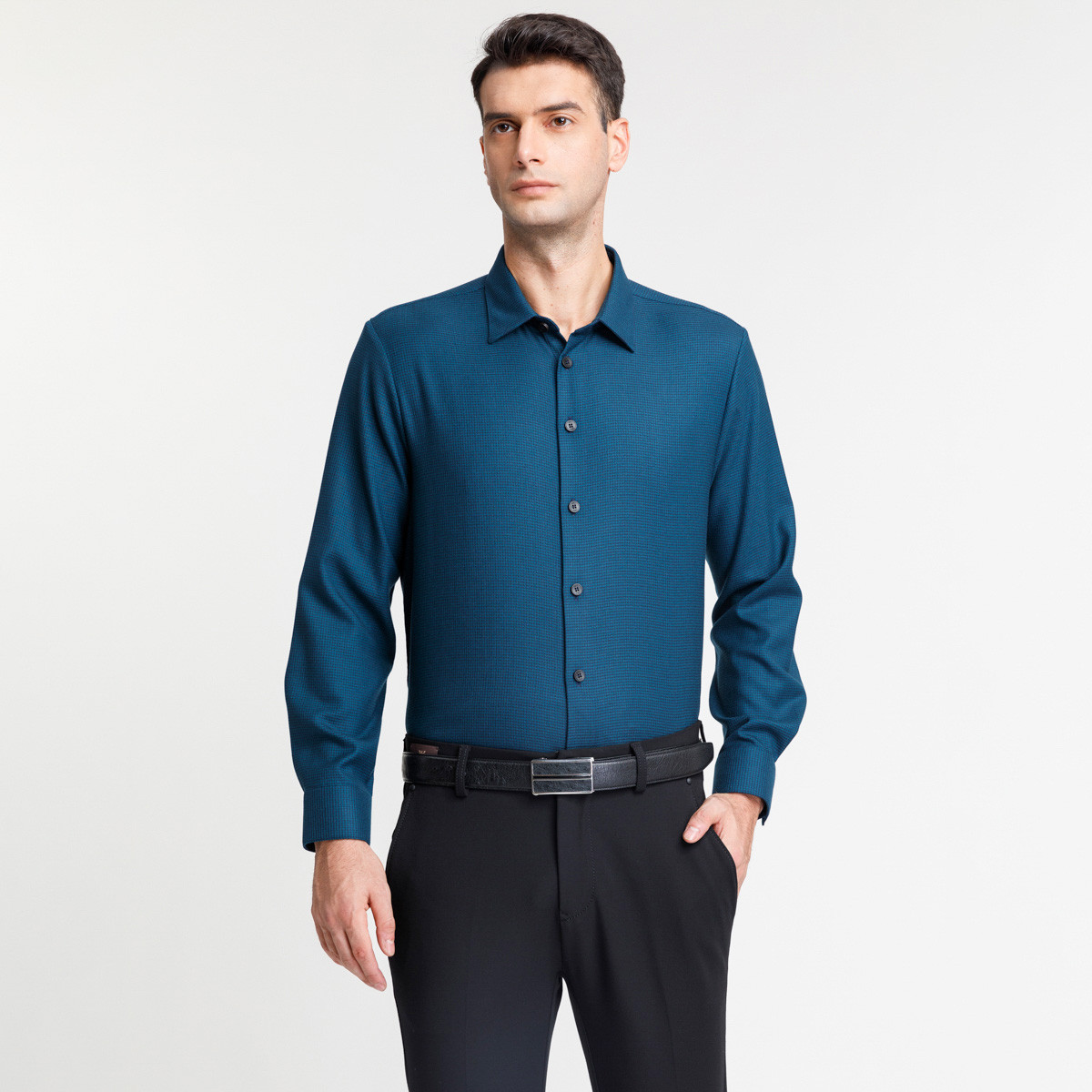 路卡迪龙秋冬新款山羊绒细格纹男士高端商务长袖衬衫男120217202