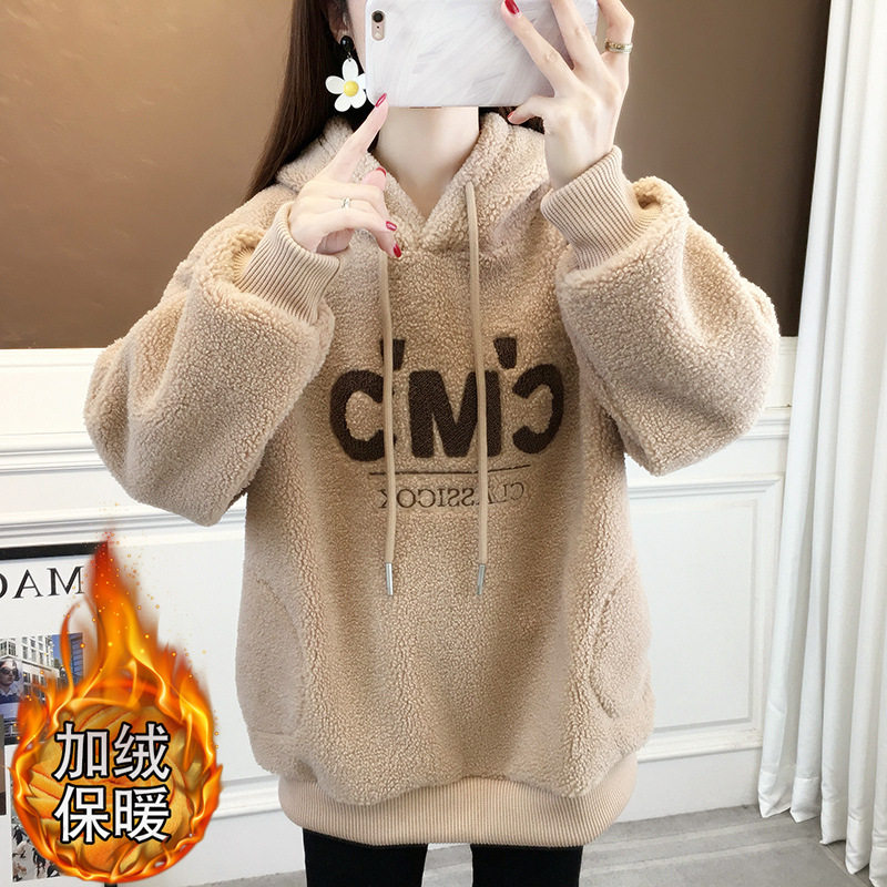 跨境美式卫衣女加绒加厚字母连帽羊羔毛冬季外穿摇粒绒外套女