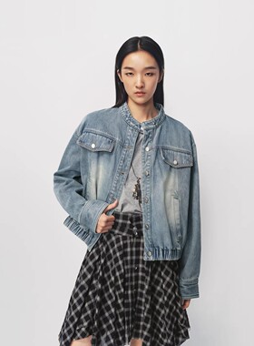 【现货】AVVENN三角针袋盖装饰宽松水洗蓝色立领牛仔短款外套