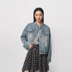【现货】AVVENN三角针袋盖装饰宽松水洗蓝色立领牛仔短款外套