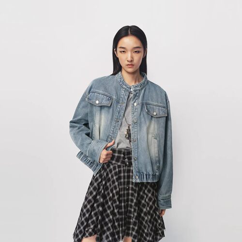 【现货】AVVENN三角针袋盖装饰宽松水洗蓝色立领牛仔短款外套