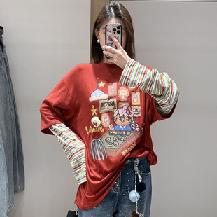 【现货】YANAG 26春设计师新款麻将桌上的发财KT假两件长袖T恤