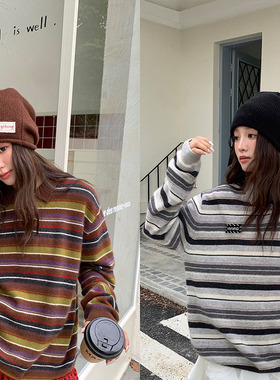 【现货】YANAG原创设计彩色条纹浣熊绒针织POLO衫长袖百搭上衣