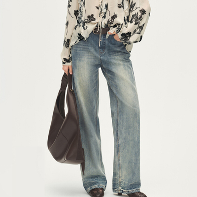 AVVENN2025秋季新品显瘦高腰脚口堆叠感牛仔裤