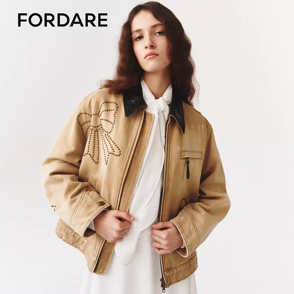 【现货】FORDARE/福蝶26早春做旧感皮领蝴蝶结烫钉夹克,女装/女士精品,短外套,淘宝优惠券,粉丝福利购,淘宝优惠卷