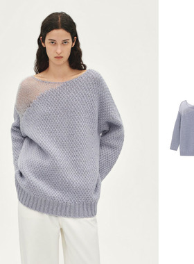 【现货】AVVENN2025冬季新品肩部拼接纱宽松版灰紫色针织衫