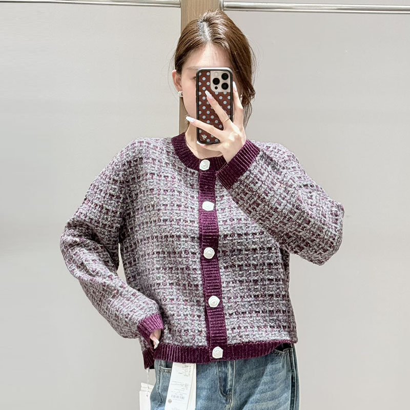 【现货】ICE 25冬季新款拼接圆扣小香风毛衣开衫