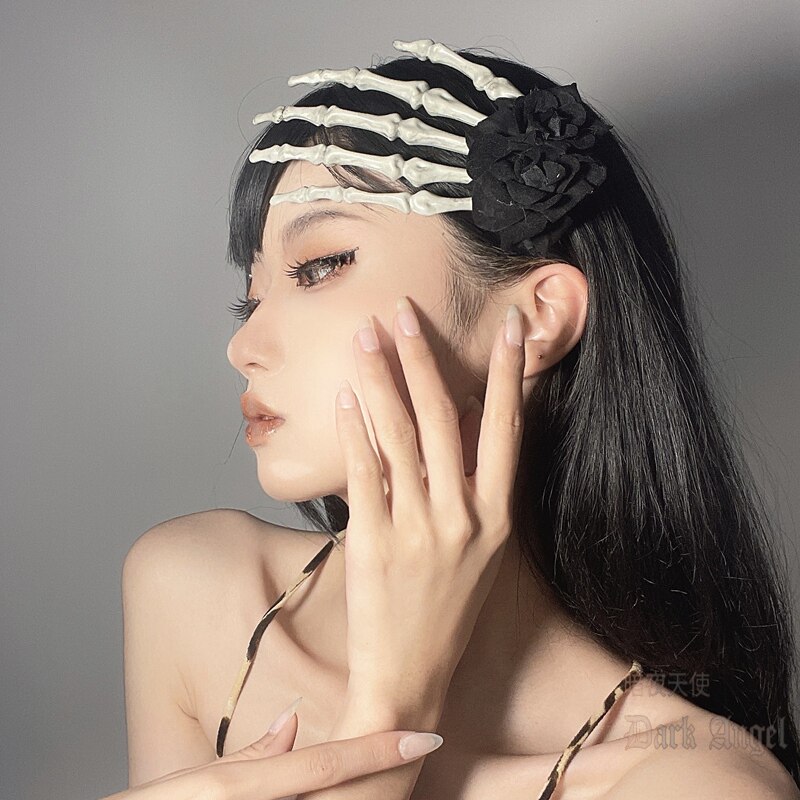 天使cosplay真人手骨大小骷髅骨吸血玫瑰胸针花朵手骨发饰发夹万
