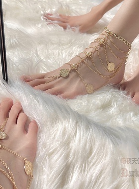 暗夜天使脚链2022网红流苏手链复古宫廷风金色风仙气异域古装饰品