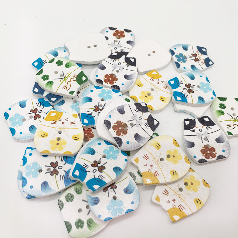 招财猫木质纽扣儿童装饰两眼扣