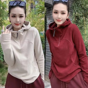 欧货双面德绒加厚保暖半拉链连帽卫衣女2024冬季百搭修身打底上衣