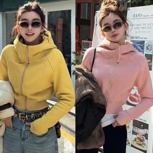 欧货加绒加厚保暖连帽拉链卫衣外套女冬季新款百搭小个子短款上衣