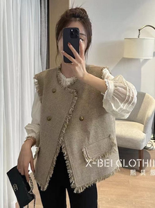 欧货早秋新款法式小香风粗花呢流苏马甲女气质无袖文艺马夹外套潮