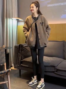 欧货加绒加厚米奇印花羊羔毛外套女秋冬时尚宽松百搭休闲夹克上衣