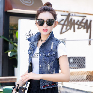 上衣背心马夹坎肩铆钉外套 破洞牛仔马甲女短款 2024秋季 新款