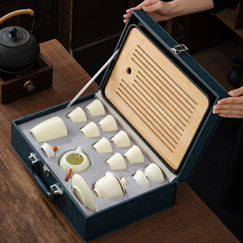 汝窑功夫茶具套装一整套茶壶盖碗茶杯高档礼盒定制商务礼品印