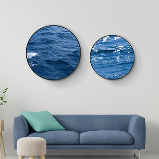 波光粼粼水大海波浪花圆形玄关客餐厅卧室床头墙画圆框蓝色壁挂画