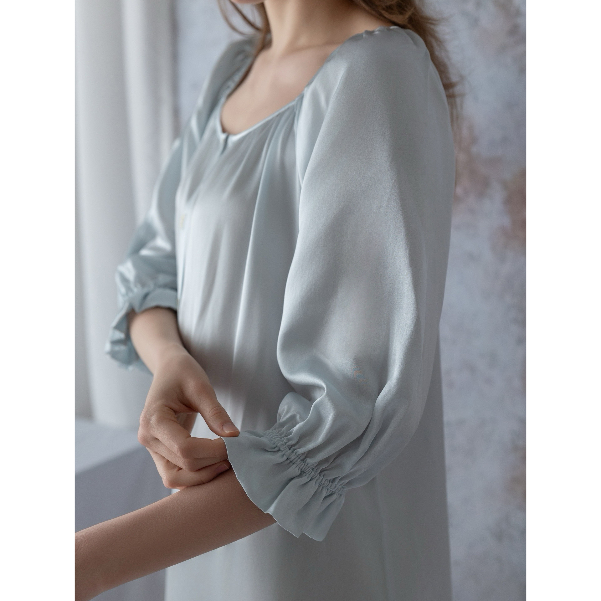 LIWOO家居服｜赫本公主袖睡裙 100%桑蚕丝 时风蓝重磅真爱家居服