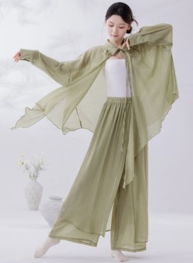 现代舞练功服女新款宽松系扣衬衣不规则下摆开衫飘逸爵士舞蹈上衣